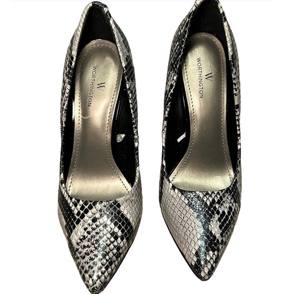 WORTHINGTON ZOE POINTED TOE STILETTO HEELS PUMPS,BLACK WHITE SNAKE PRINT, SIZE 6 - Picture 3 of 7
